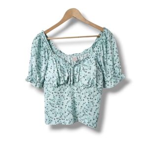 No Boundaries Floral Puff Sleeve Smocked Mint Green Peasant Top